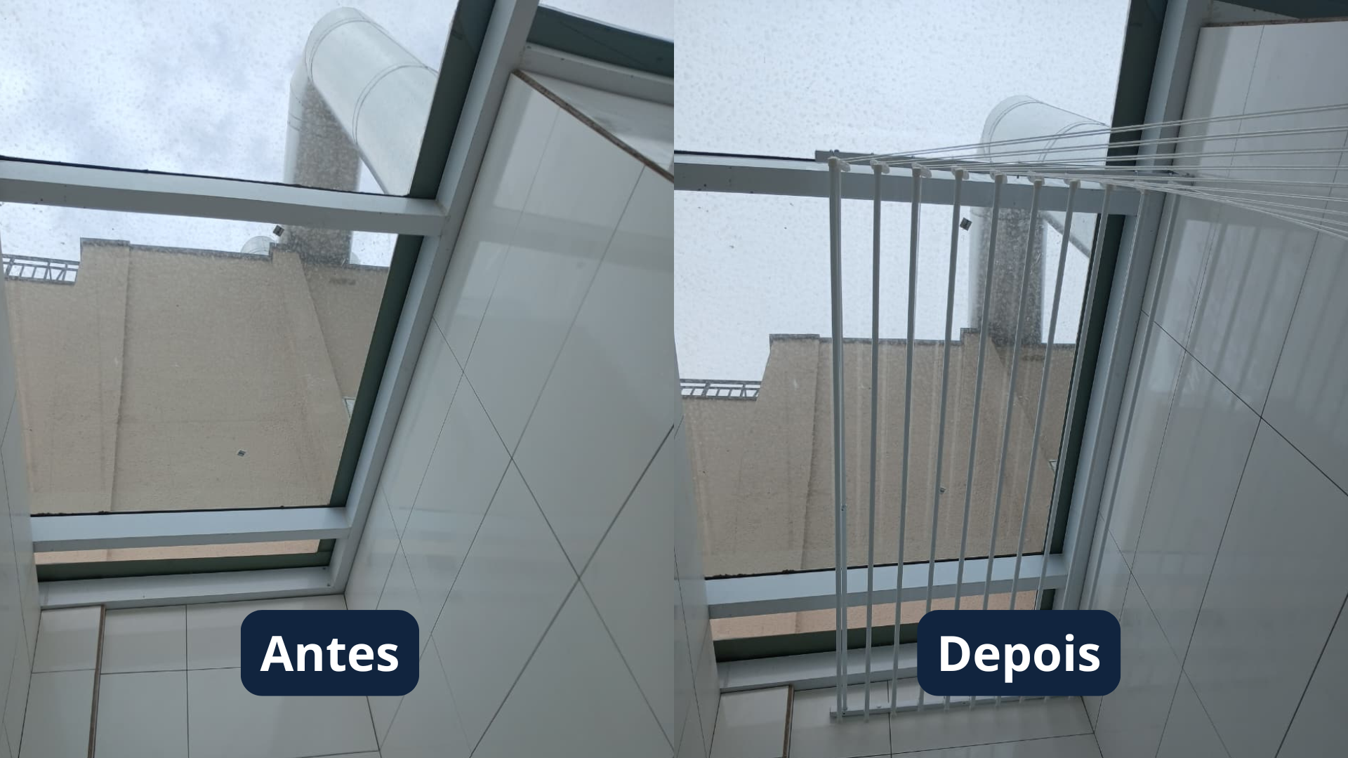 Antes e depois de lavanderia organizada pela Varal Tech