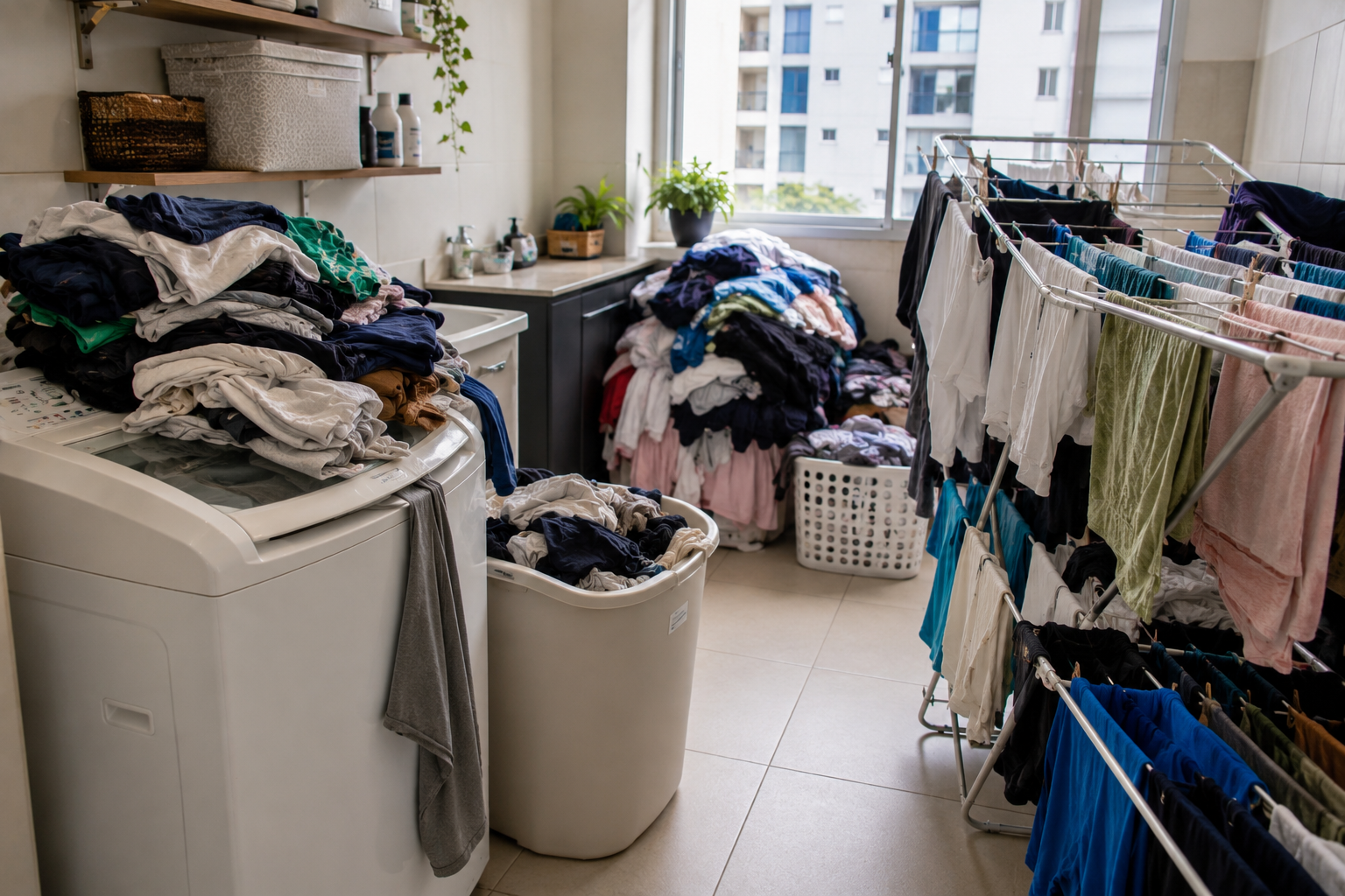 Lavanderia bagunçada com roupas espalhadas e pouco espaço